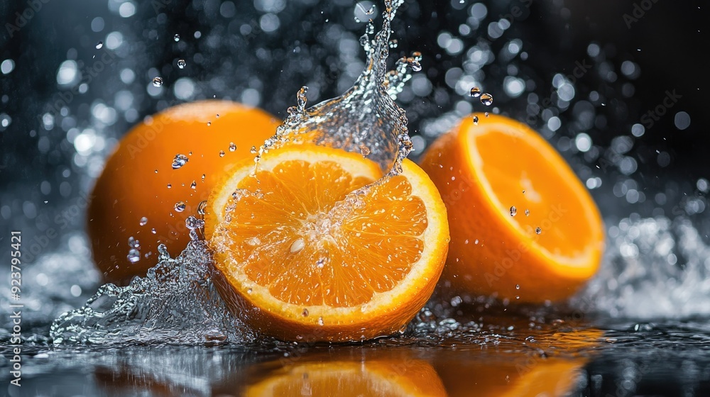 Poster freshly cut oranges with splashes of water, with copy space at the bottom for your message --ar 16:9