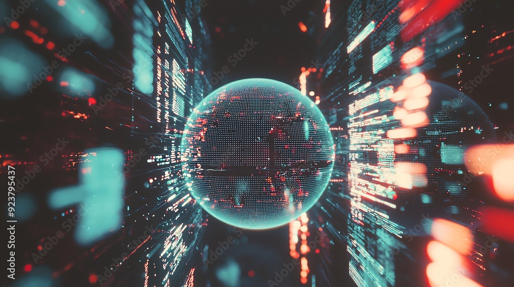 Poster futuristic digital atmosphere with a glowing sphere surrounded by vibrant data streams and glowing l