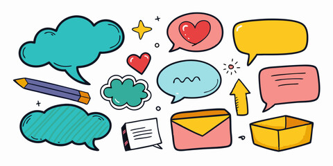 Speech bubble vector set, texture comic talk balloon doodle kit, hand drawn crayon cloud message. Speak sign dialog communication frame, hearts, arrow, question. Chalk marker speech bubble drawing box