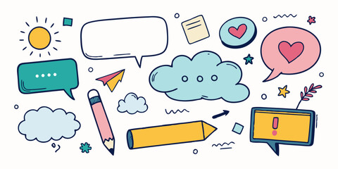 Speech bubble vector set, texture comic talk balloon doodle kit, hand drawn crayon cloud message. Speak sign dialog communication frame, hearts, arrow, question. Chalk marker speech bubble drawing box