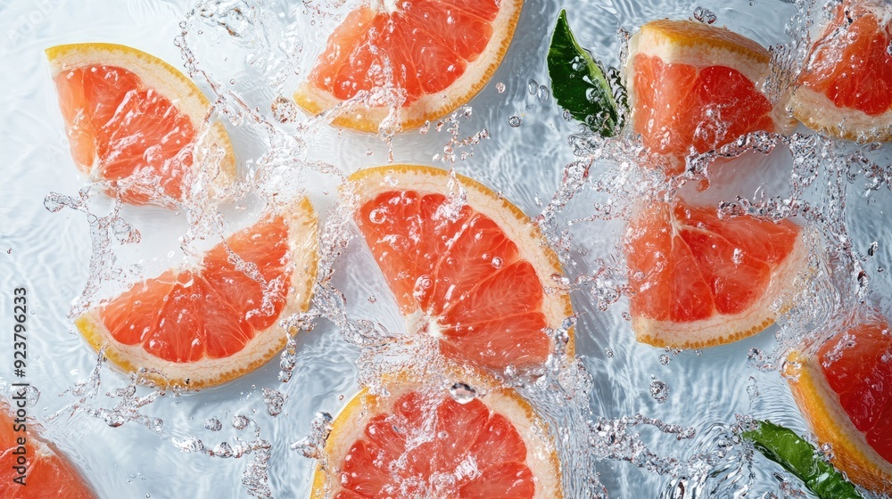 Aufkleber grapefruit segments with water splashes from above, with copy space on the top for text