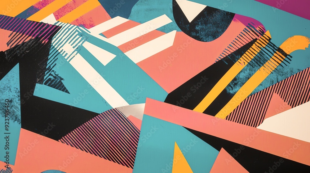 Poster vibrant abstract art with geometric shapes, bold colors, and dynamic patterns creating a contemporar