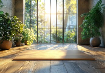 Fototapeta premium Sun-Kissed Tranquility: Empty Wooden Platform in a Serene Green Room