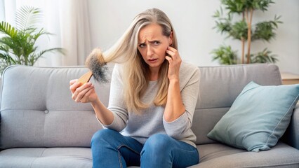Obraz premium Distraught woman sits on couch, holding brush with fallen hair, surrounded by clumps, struggling with hair loss, sadness, and frustration at home.