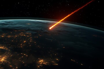 Obraz premium Cosmic Close Call - Giant Asteroid Narrowly Misses Earth, Fiery Tail and Red Glow, Illuminated Earth Surface from Space View