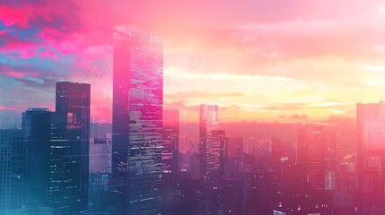 Vibrant cityscape at sunset, featuring colorful clouds and modern skyscrapers. A perfect blend of nature and urban architecture.
