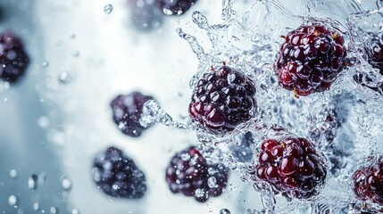 Juicy blackberries splashing in water from a top view. Copy space available on the right
