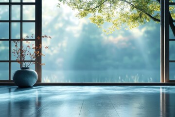 Serene Dawn, Tranquil Reflection:  Sunlight streams through a traditional Japanese shoji screen, illuminating a serene interior with a view of nature's quiet beauty. 