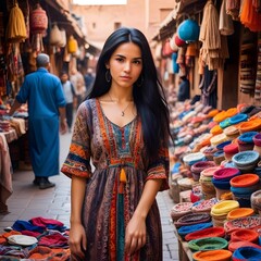 A young woman with long black hair exploring a traditional market in Marrakech, wearing a colorful dress, examining handmade crafts, vibrant colors and patterns surrounding her