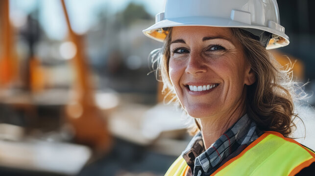 Portrait of smiling European female construction worker on the construction site, wearing a hard hat and work vest.