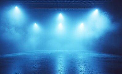 Fototapeta premium Blue Neon Stage: A dramatic and atmospheric stage set with four bright blue spotlights illuminating a hazy, concrete floor. The perfect backdrop for showcasing products, performers, or creative conce