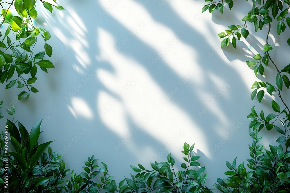 Poster leafy shadows frame: sun-kissed leaves cast intricate shadows on a serene wall, creating a natural f