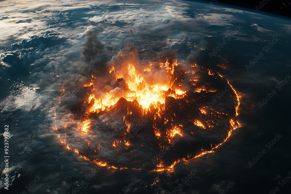 Poster cataclysmic event - massive asteroid triggering volcanic eruptions on earth, surface engulfed in fla
