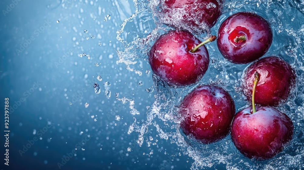 Poster juicy plums splashing in water, top view with ample space on the right for your message