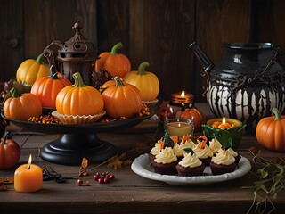 festive halloween themed table setting decorated with an assortment of spooky and sweet treats on a dark wooden background.