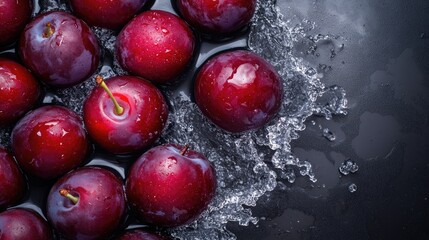 Juicy plums with water splashes from a top view. Copy space available for your message on the top