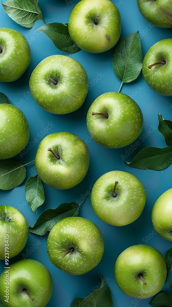 Wall mural Background of many fresh organic green apples, apples background, top view. Vegetarian food concept