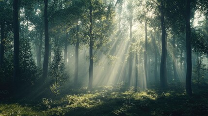 Obraz premium Majestic forest panorama with sunlight breaking through the trees. Perfect for adding text or branding