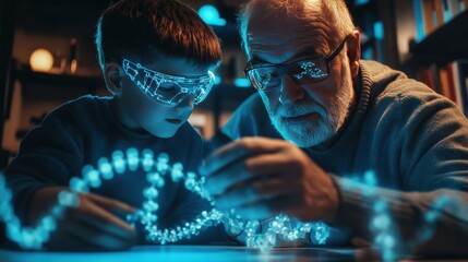 A parent supports his kid in using a laptop, both surrounded by a soft glow and bokeh, creating a warm ambiance.