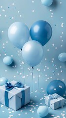 Blue birthday decor with balloons an presents ideal for celebration backgrounds