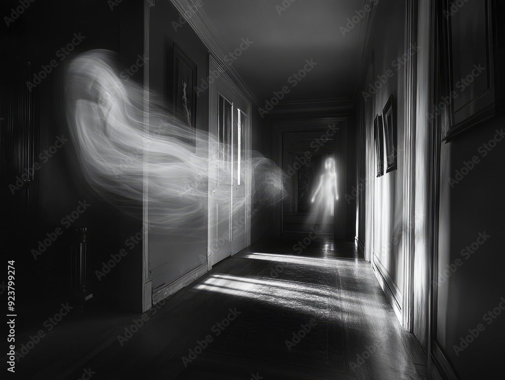 Poster objects subtly moving in the dark as an invisible ghost passes through, only faint outlines are perc