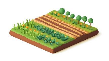 Naklejka premium Charming 3D Cartoon Icon of a Green Sustainable Agriculture Field with Clay Matte Texture and Vibrant Crops