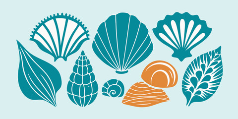 Linocut shell set, vector ocean beach scallop silhouette print, summer marine snail icon collection. Tropical seashore engraving illustration, mollusc conch woodcut. Linocut shell nautical clipart