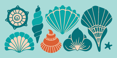 Linocut shell set, vector ocean beach scallop silhouette print, summer marine snail icon collection. Tropical seashore engraving illustration, mollusc conch woodcut. Linocut shell nautical clipart
