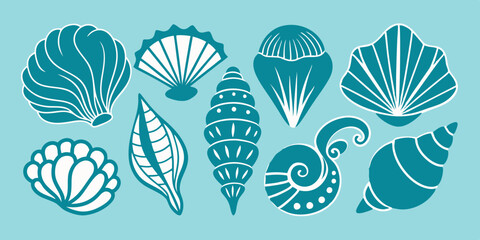 Linocut shell set, vector ocean beach scallop silhouette print, summer marine snail icon collection. Tropical seashore engraving illustration, mollusc conch woodcut. Linocut shell nautical clipart