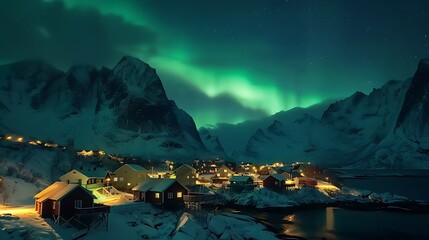 Aurora borealis illuminating the sky over Hamnoy.