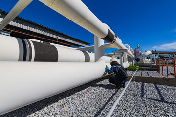 Male worker inspection and measurement thickness pipeline oil and gas at check record