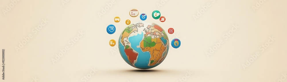 Poster a 3d globe with search engine icons orbiting around it, symbolizing global internet connectivity