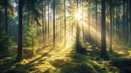 Panoramic view of a forest with sun rays filtering through the trees. Tranquil and serene scene with ample copy space