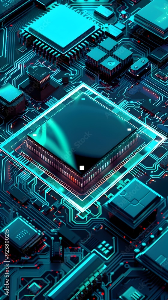 Poster blue and red circuit board with microchip.