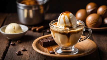 affogato coffee a dessert coffee made by pouring a sh served aesthetically in a wooden table