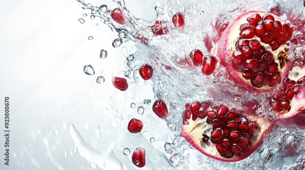 Poster pomegranate seeds splashing in water, top view. ideal for adding text or branding on the left