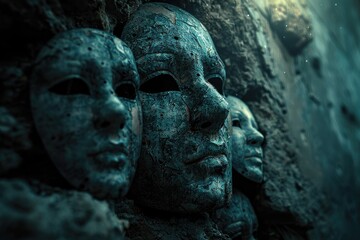 A pile of ancient, cursed masks stacked in a forgotten corner, with a faint glow illuminating their hollow eyes against a shadowy