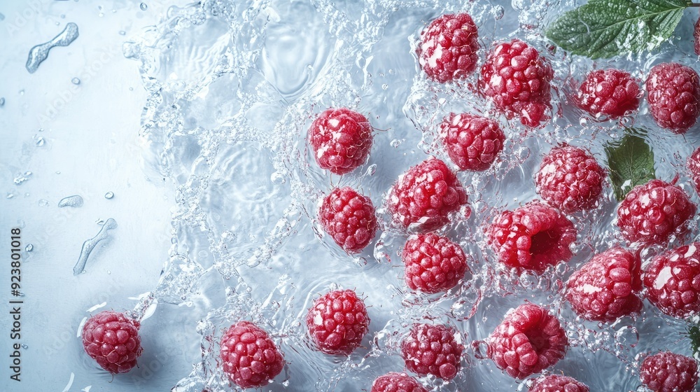 Poster raspberries with water splashes from above, with copy space on the right for your message