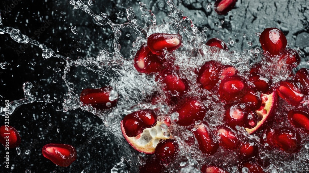 Aufkleber pomegranate seeds splashing in water, top view. ideal for adding text or branding on the left