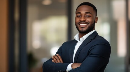 Confident Young Business Professional in Modern Office Setting with Arms Crossed