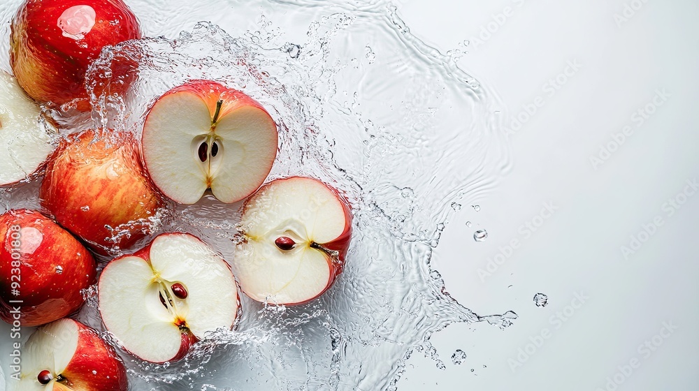 Aufkleber sliced apples splashing in water from a top view. ample space on the right for promotional text