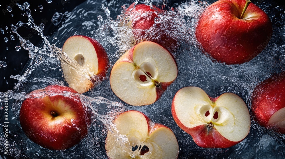 Aufkleber sliced apples splashing in water from a top view. copy space available for promotional text