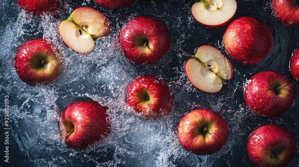 Aufkleber sliced apples splashing in water from a top view. copy space available for promotional text