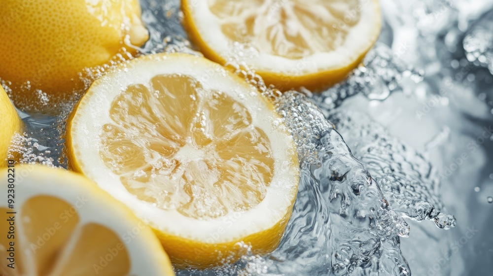 Poster sliced lemons with splashes of water, from a top view. copy space at the bottom for text
