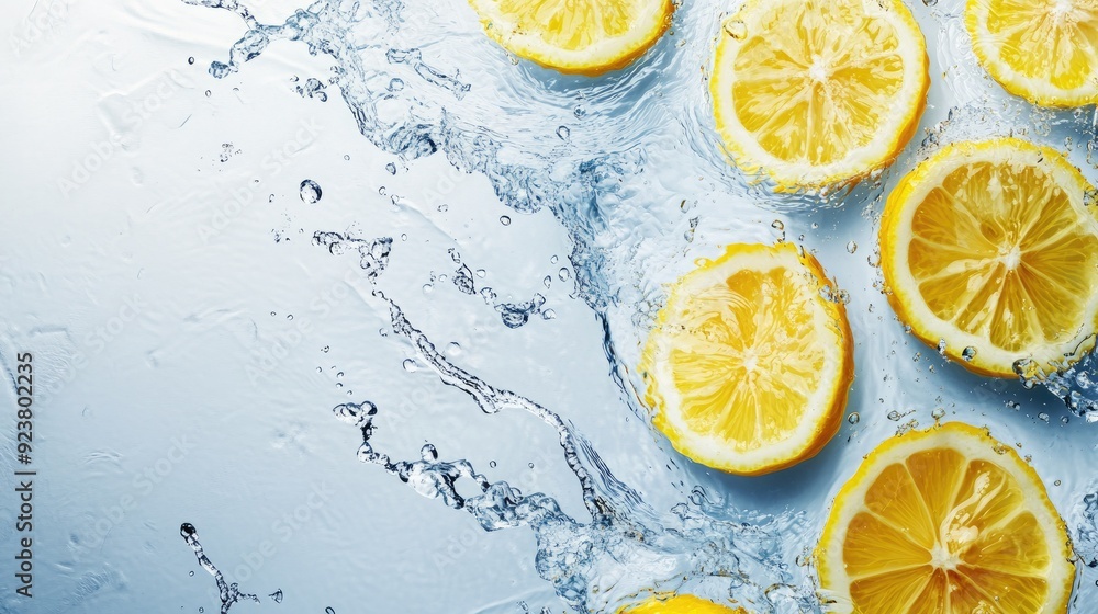 Aufkleber sliced lemons with splashes of water, from a top view. copy space at the bottom for text