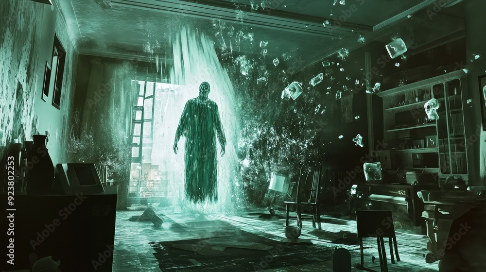 Aufkleber a ghostly figure surrounded by floating objects in a haunted room, poltergeist activity in full effe