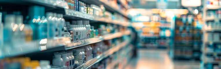 Pharmacy store drugs shelves, pharmacy business store defocus Background.