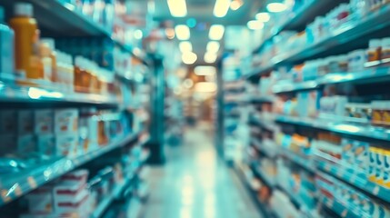 Pharmacy store drugs shelves, pharmacy business store defocus Background.
