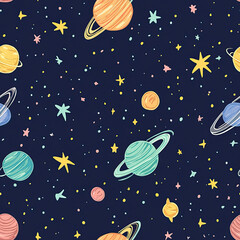 This captivating illustration showcases the vast beauty of outer space, featuring a dynamic array of planets, stars, and cosmic elements floating in the night sky. The artwork brings to life a mesmeri