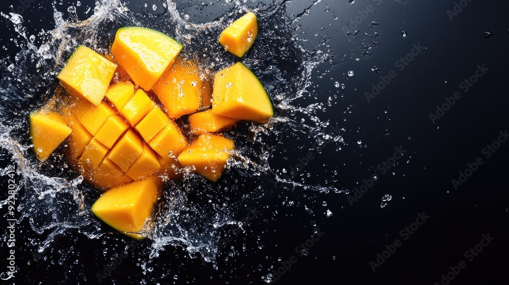 Poster sliced mangos splashing in water, top view. copy space available at the bottom for your message
